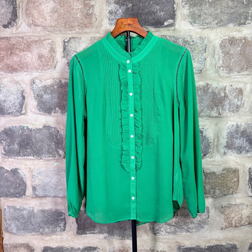 J.Crew Kelly Green Ruffle Front Pleated Blouse with Camisole Liner Size M Girly